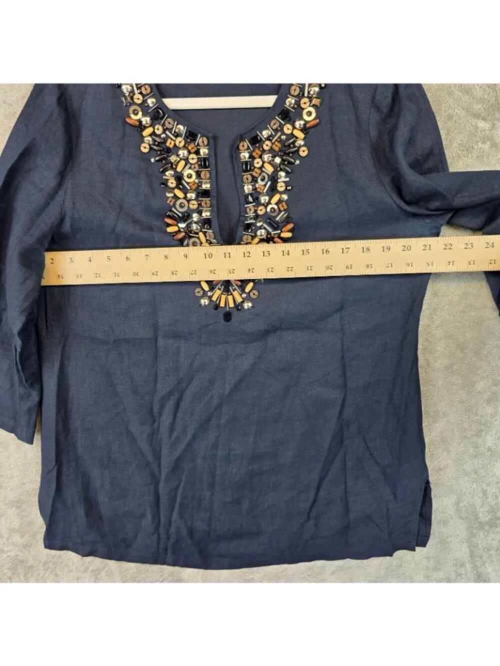 MICHAEL Michael Kors Blouse Womens L Blue V Neck 3/4 Sleeve Beaded Linen Tunic
